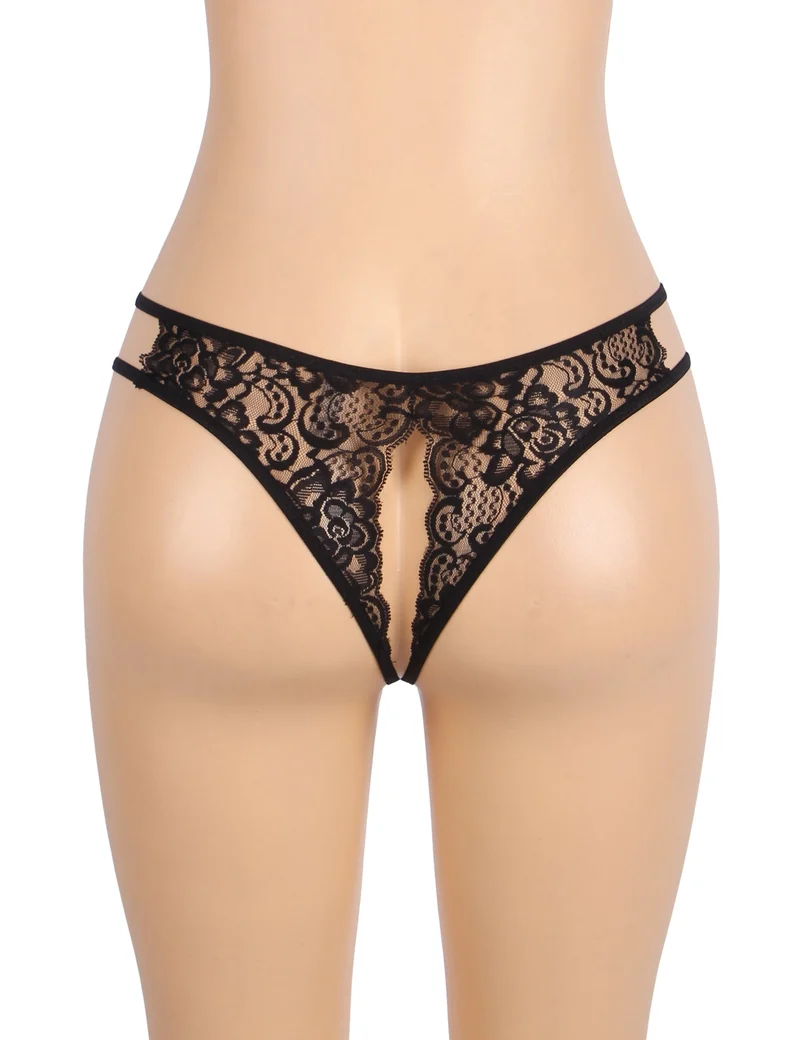 Schwarzer Spitzen-Mesh-Slip mit seitlichen Ausschnitten, Schleife vorne und offenem Schritt