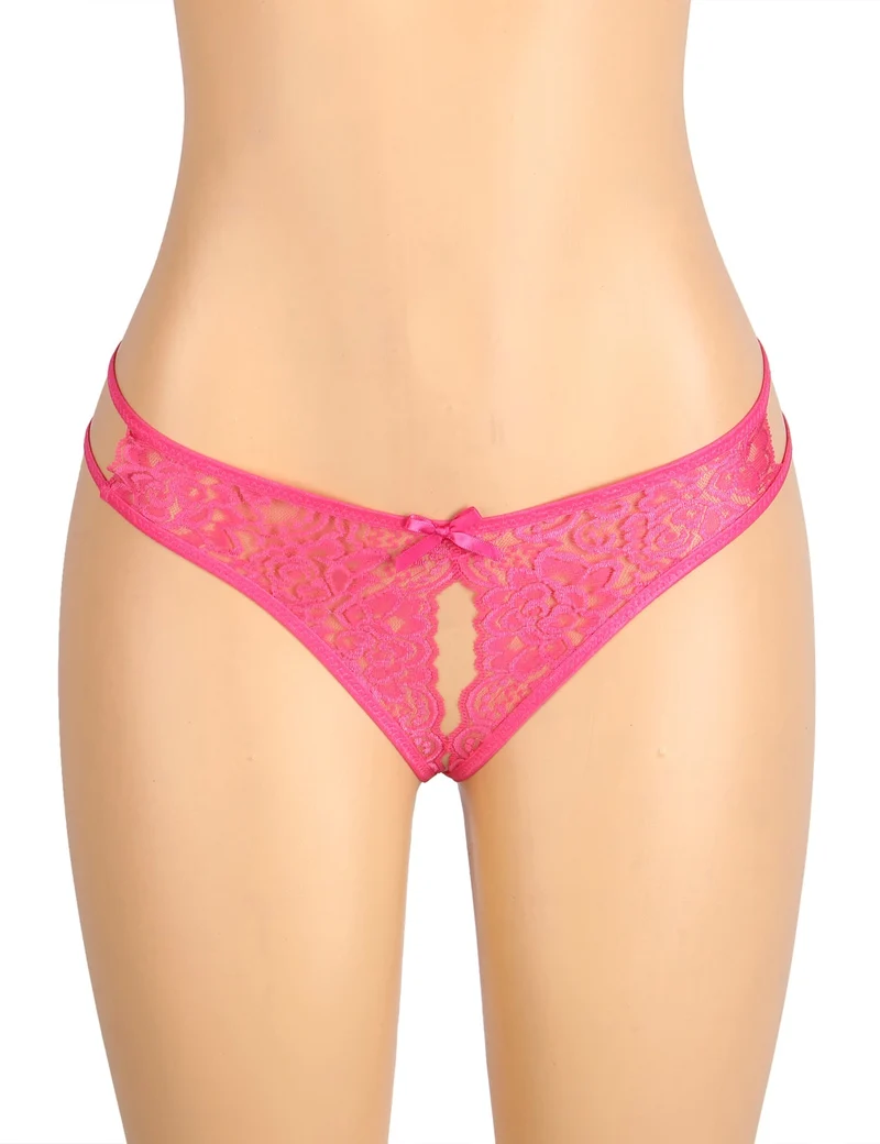 Rosaroter Spitzen-Mesh-Slip mit seitlichen Ausschnitten, Schleife vorne und offenem Schritt