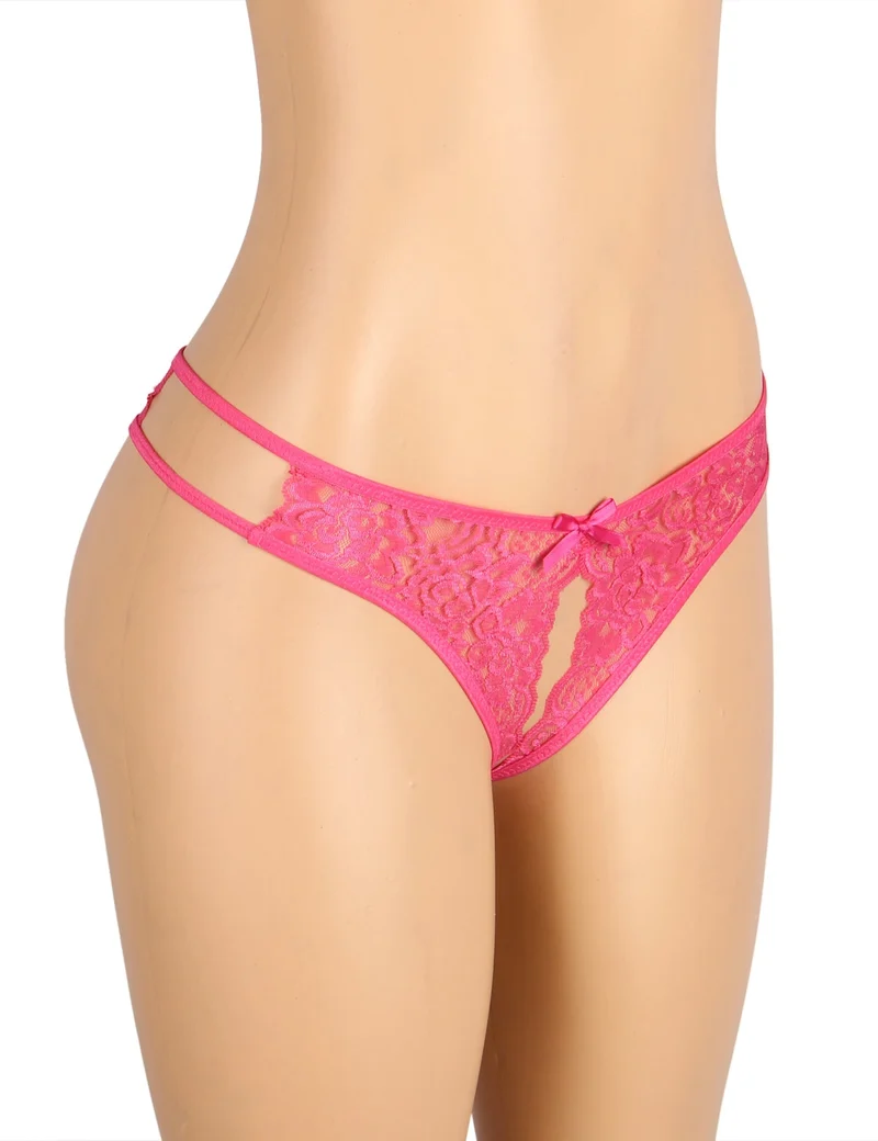 Rosaroter Spitzen-Mesh-Slip mit seitlichen Ausschnitten, Schleife vorne und offenem Schritt