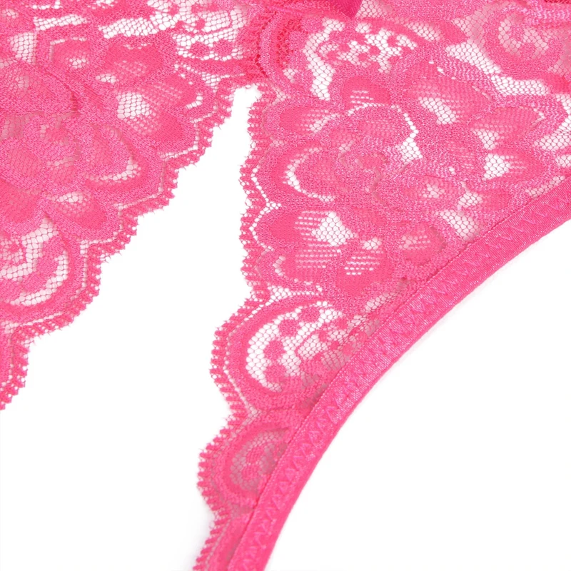 Rosaroter Spitzen-Mesh-Slip mit seitlichen Ausschnitten, Schleife vorne und offenem Schritt