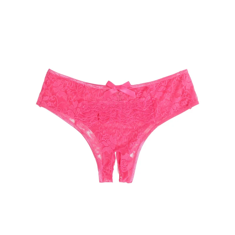 Rosa Dreiecks-Slip aus Spitze mit mehrlagigem Rückenteil, Schleifendetail und offenem Schritt
