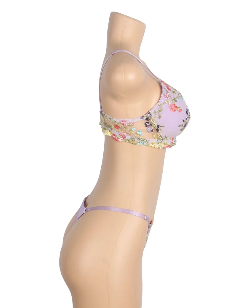 Lila Mesh-BH-Set mit Blumenstickerei – mit Bügel und Stretch-Passform