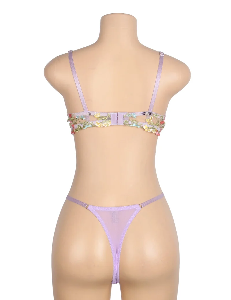 Lila Mesh-BH-Set mit Blumenstickerei – mit Bügel und Stretch-Passform