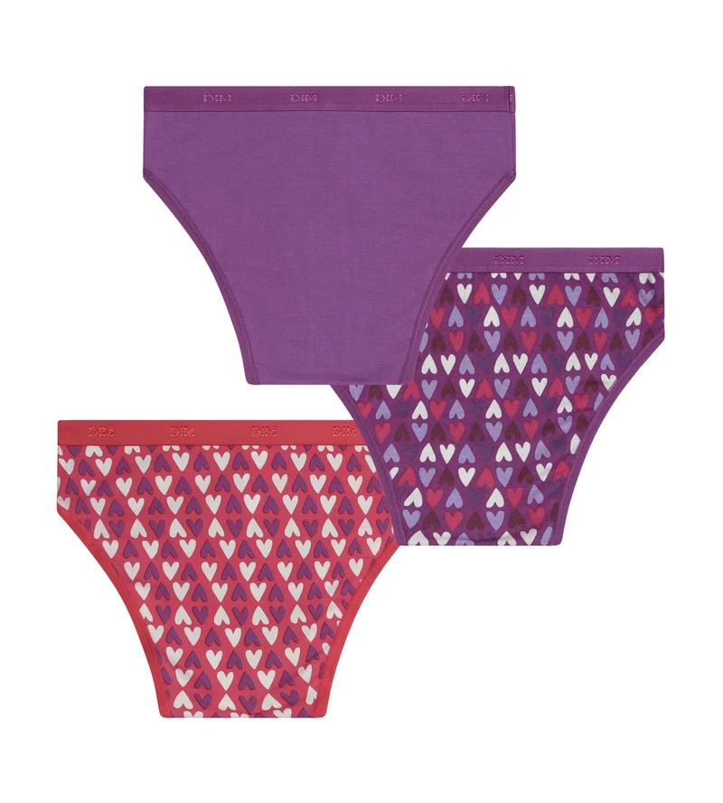 3er-Pack Mädchenhöschen aus Stretch-Baumwolle in Violett und Rot mit Herzen von Les Pockets