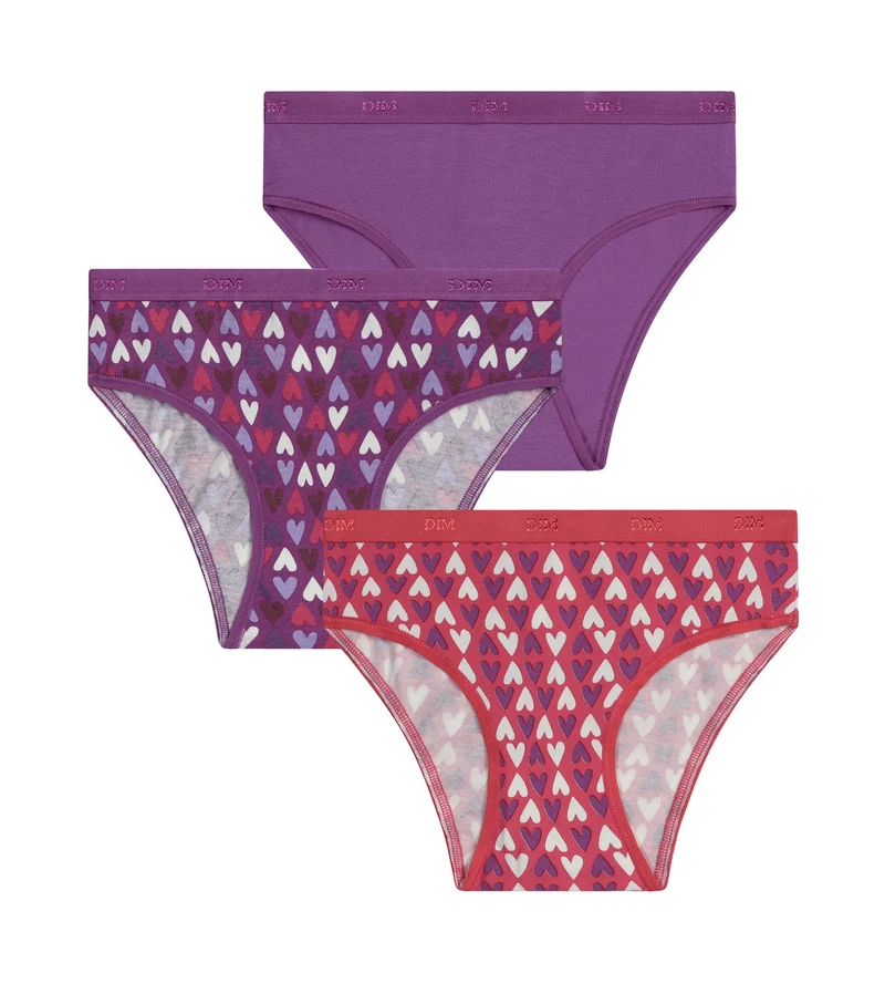 3er-Pack Mädchenhöschen aus Stretch-Baumwolle in Violett und Rot mit Herzen von Les Pockets
