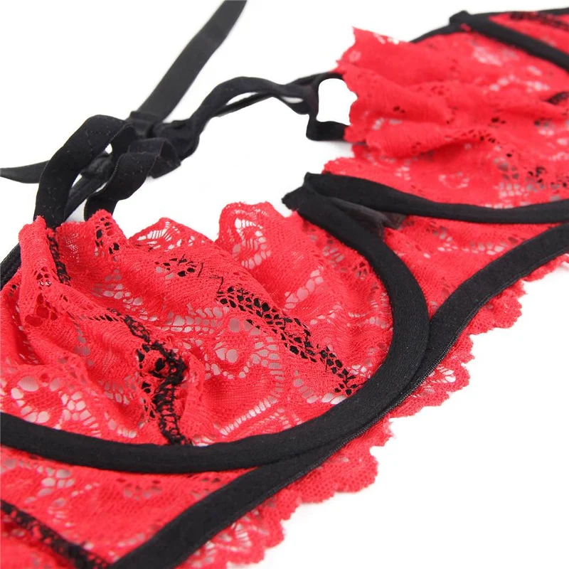 Rotes Bügel-BH-Set aus Spitze mit Metallschnalle, elastischen Trägern und ausgeschnittenem Höschen