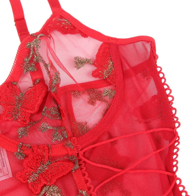 Rotes 3D-Stickerei-Mesh-Bügel-Crop-BH-Set mit Bauchnabelausschnitt und gekreuztem Höschen