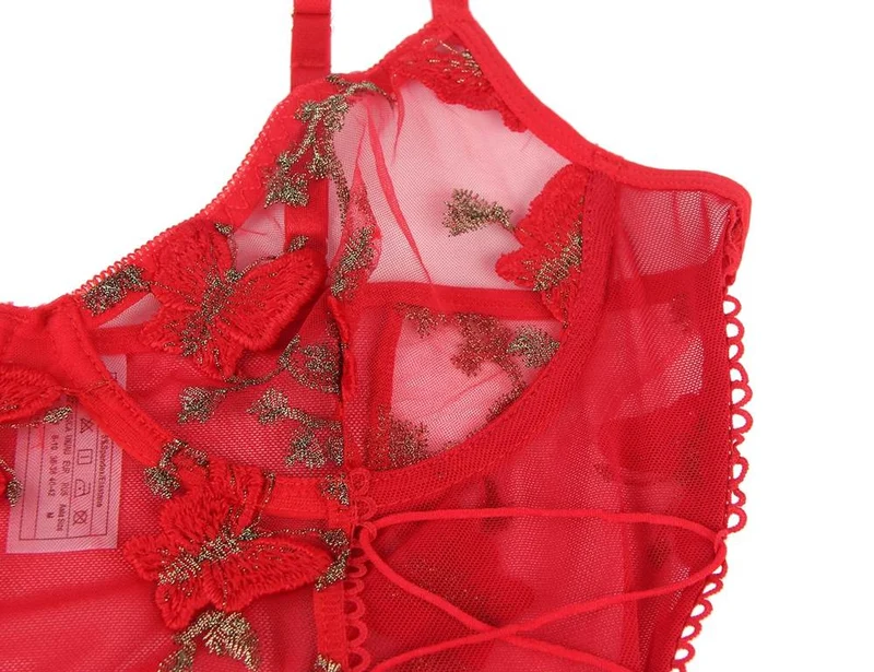 Rotes 3D-Stickerei-Mesh-Bügel-Crop-BH-Set mit Bauchnabelausschnitt und gekreuztem Höschen