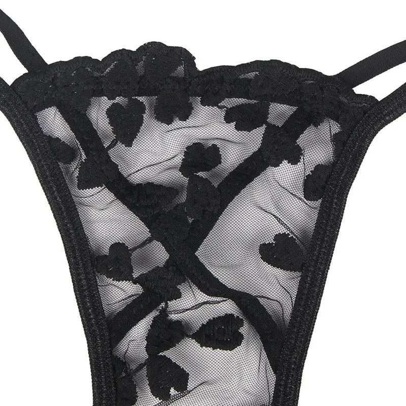 Schwarzes BH-Set aus besticktem Mesh – mit Bügeln, Schleife und floralen Details