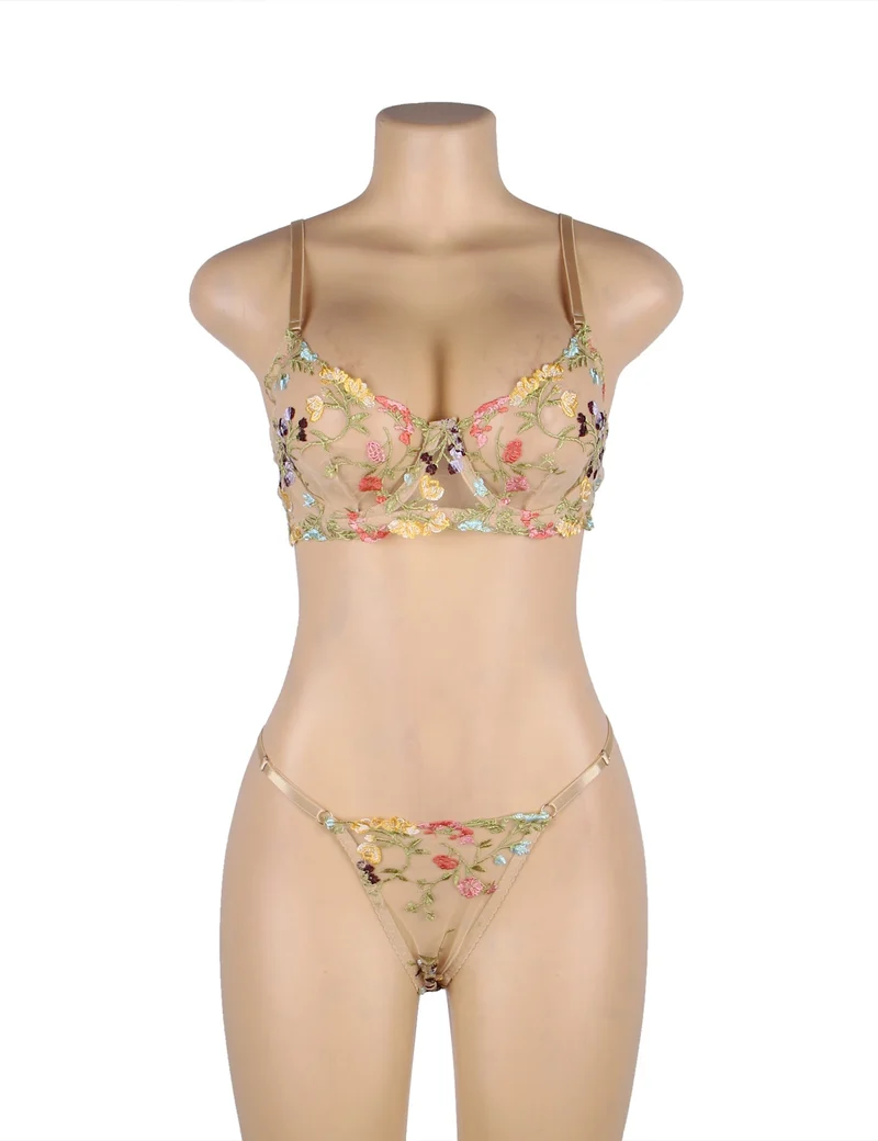 Gelbes 3D-Stickerei-Mesh-Dessous-Set – mit Bügeln und verstellbar