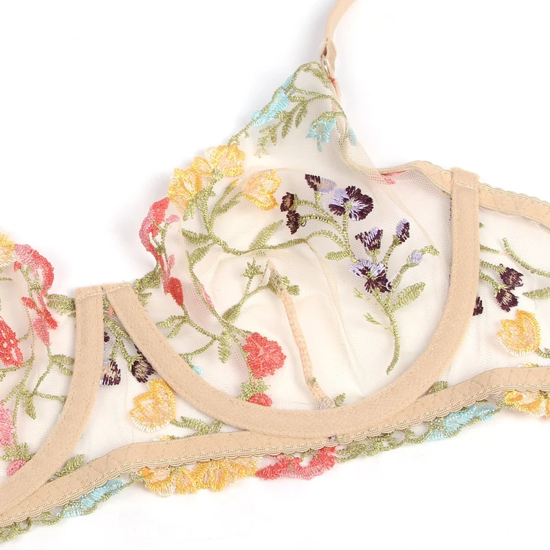 Gelbes 3D-Stickerei-Mesh-Dessous-Set – mit Bügeln und verstellbar