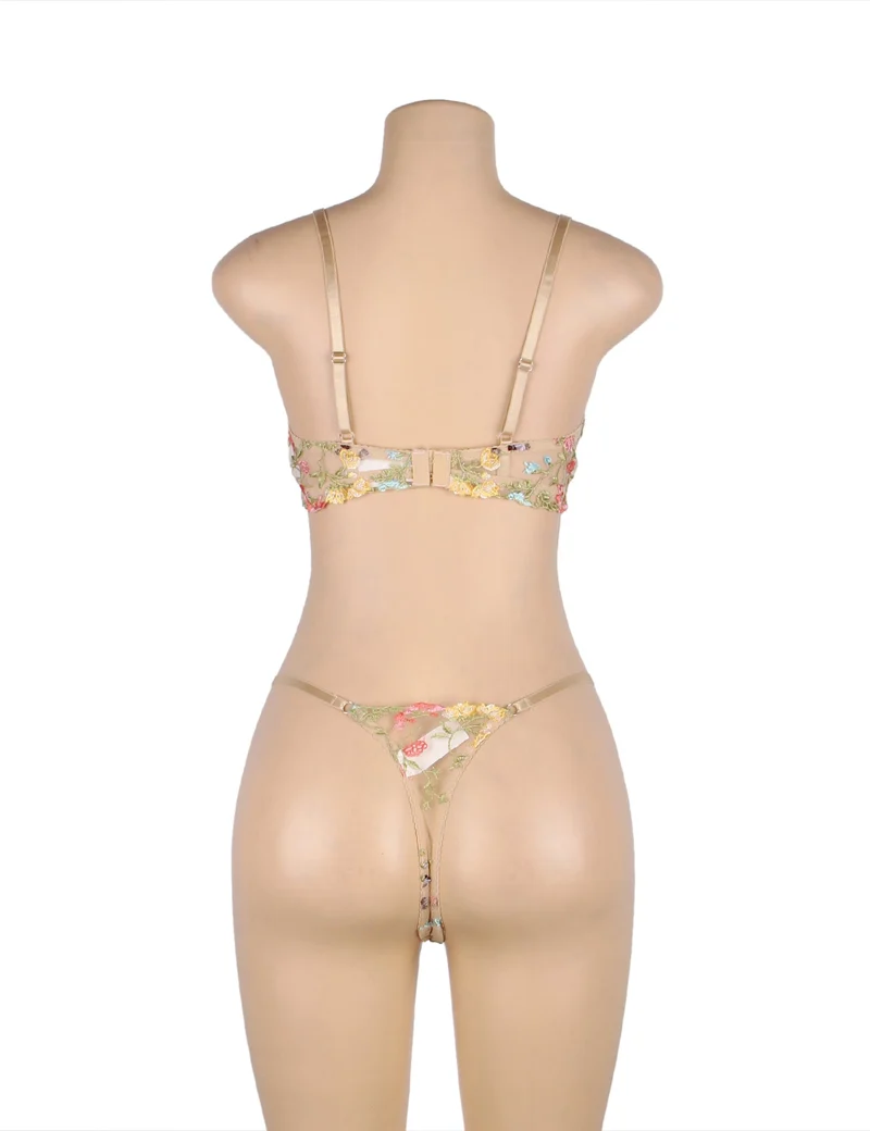 Gelbes 3D-Stickerei-Mesh-Dessous-Set – mit Bügeln und verstellbar