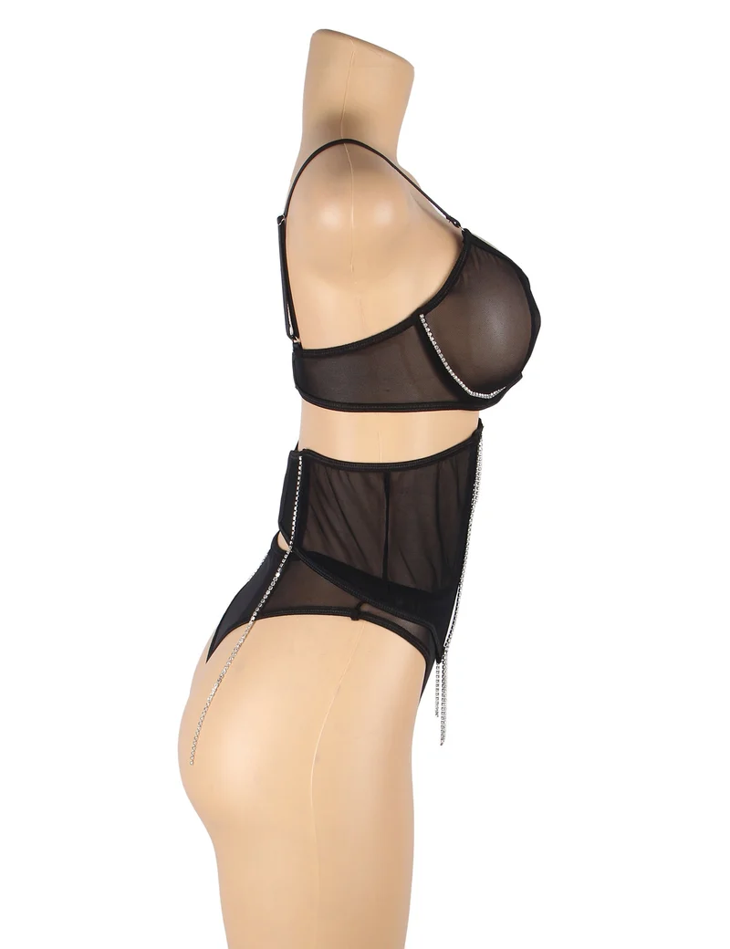 Schwarzes Dessous-Set aus Mesh mit Strasssteinen – Bügel- und Stäbchenformer