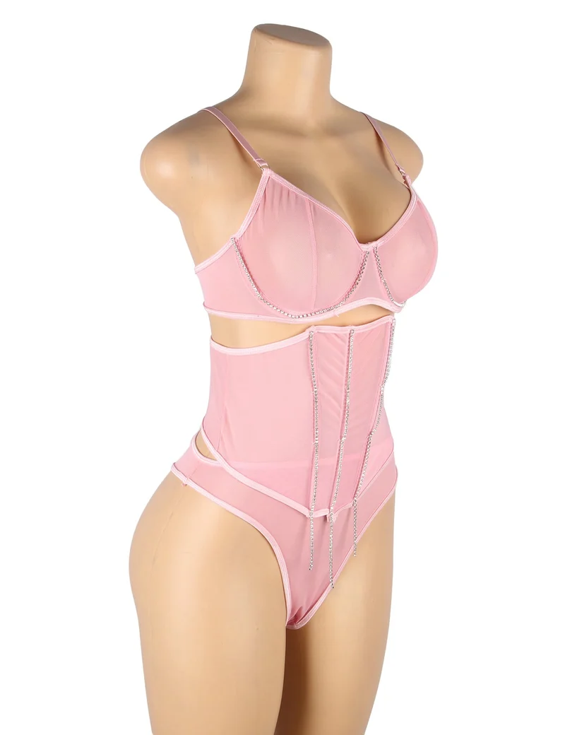 Dessous-Set aus rosafarbenem Mesh mit Strasssteinen – Bügel- und Stäbchen-BH