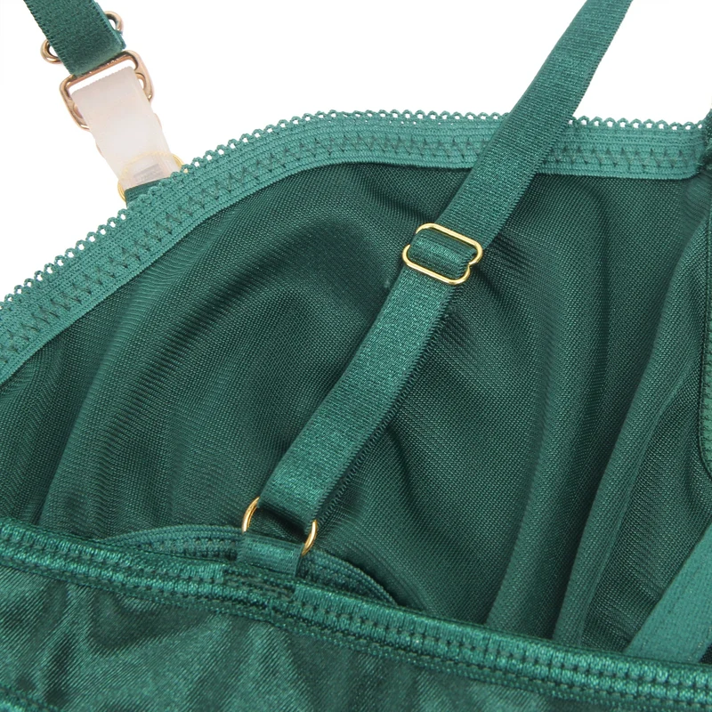 Grünes Samt-Neckholder-BH-Set mit Cut-Outs – mit Bügeln und Metallschnalle
