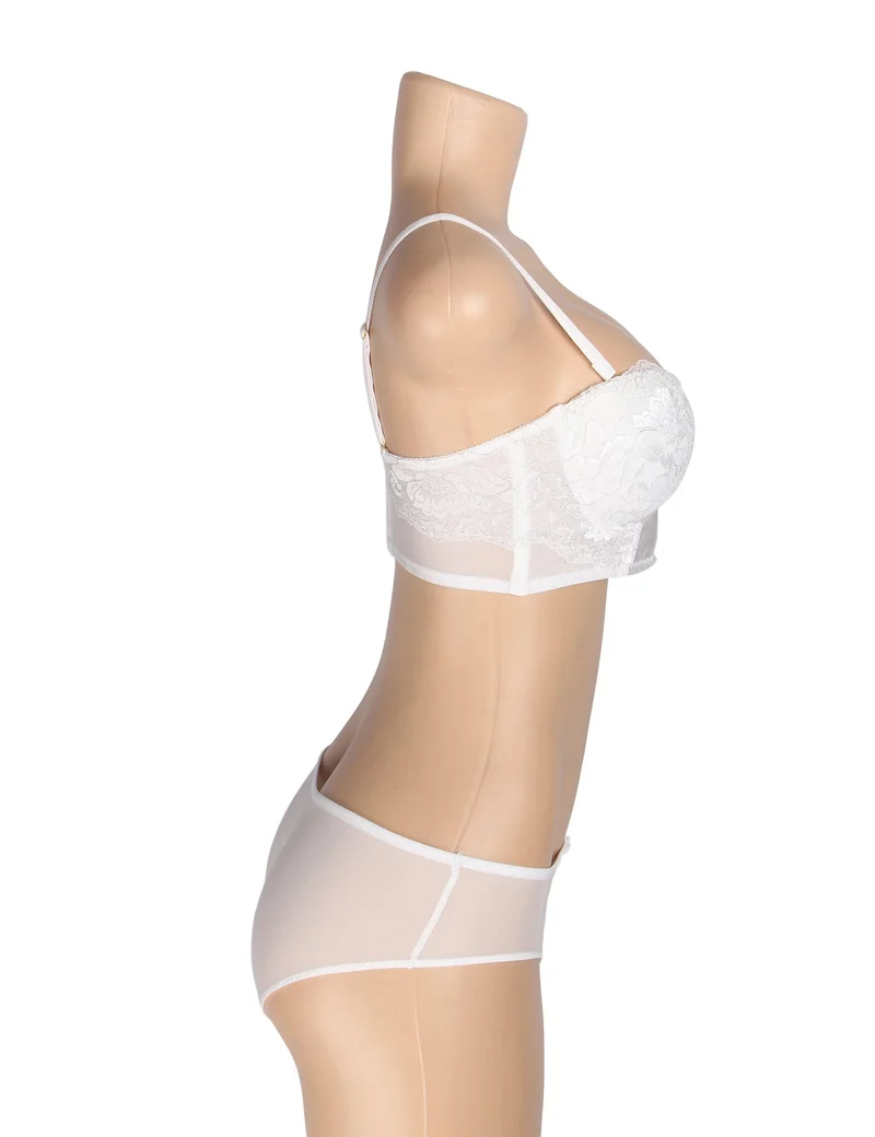 BH-Set aus weißem Mesh und Seidenspitze – mit Bügel, 3D-Spitze und Schleifendetail