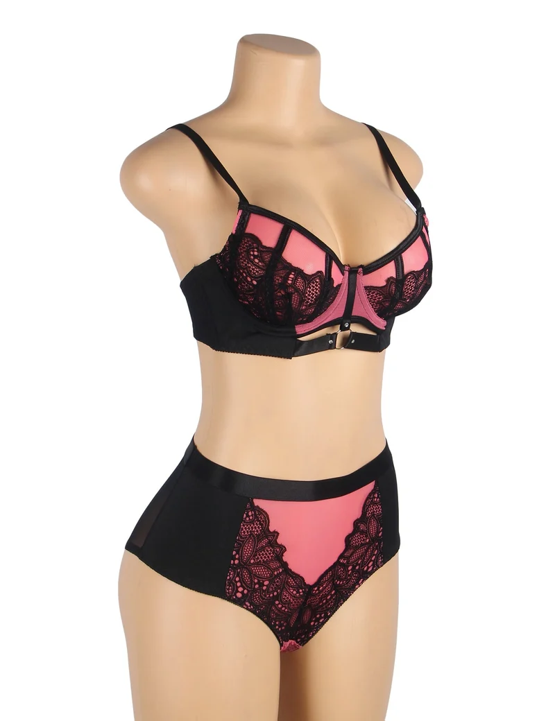 Pinkfarbenes Push-up-BH-Set aus Spitzenmesh – Strassschnalle & hoher Bund