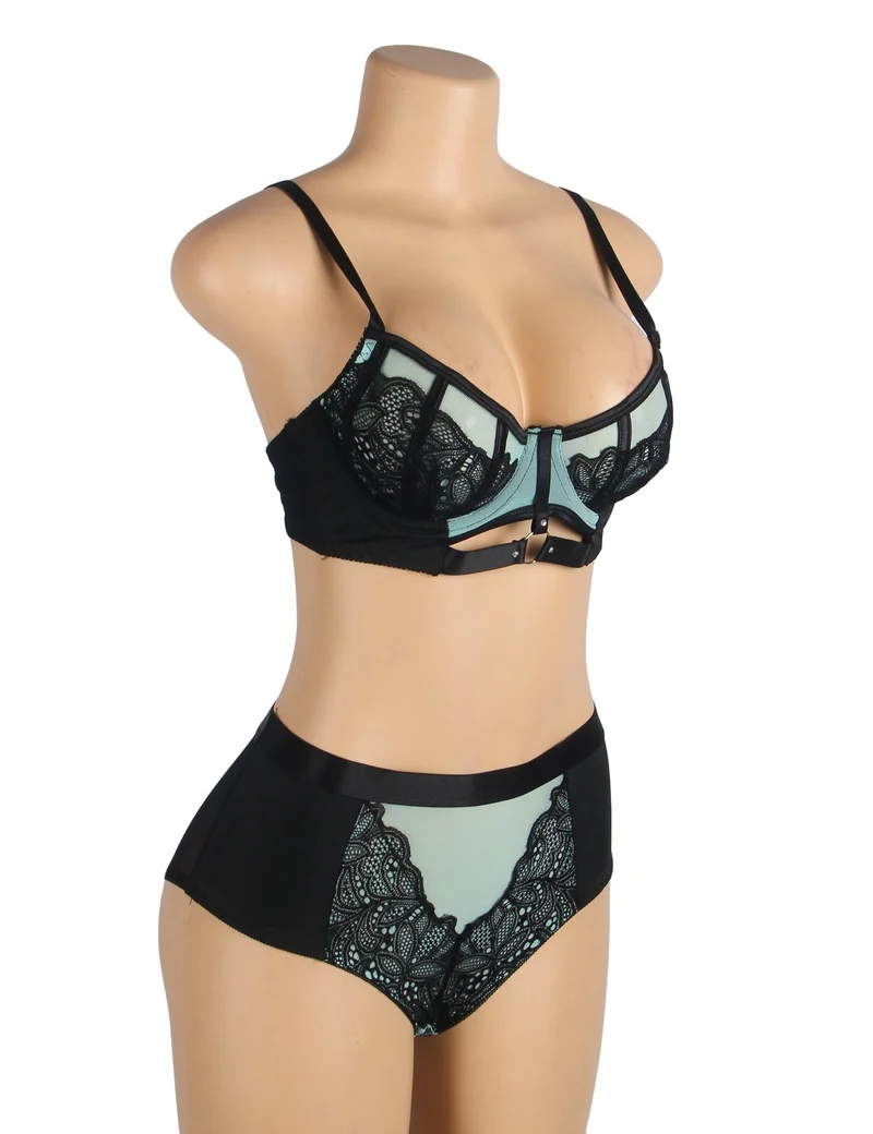 Grünes Push-up-BH-Set aus Spitzenmesh – Strassschnalle & hoher Bund