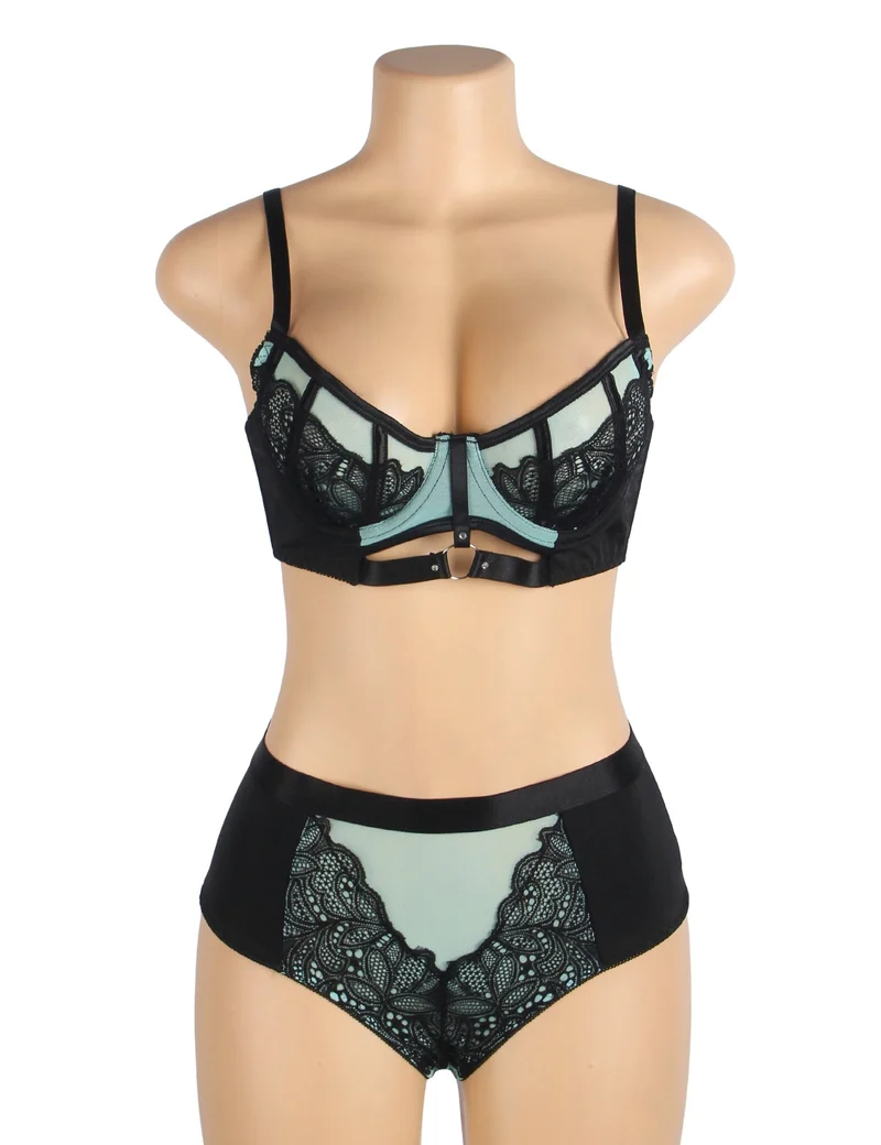 Grünes Push-up-BH-Set aus Spitzenmesh – Strassschnalle & hoher Bund
