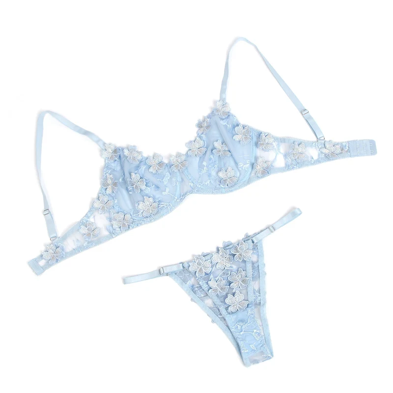 Hellblaues BH-Set mit floraler Netzstickerei – mit Bügel und 3D-Spitze
