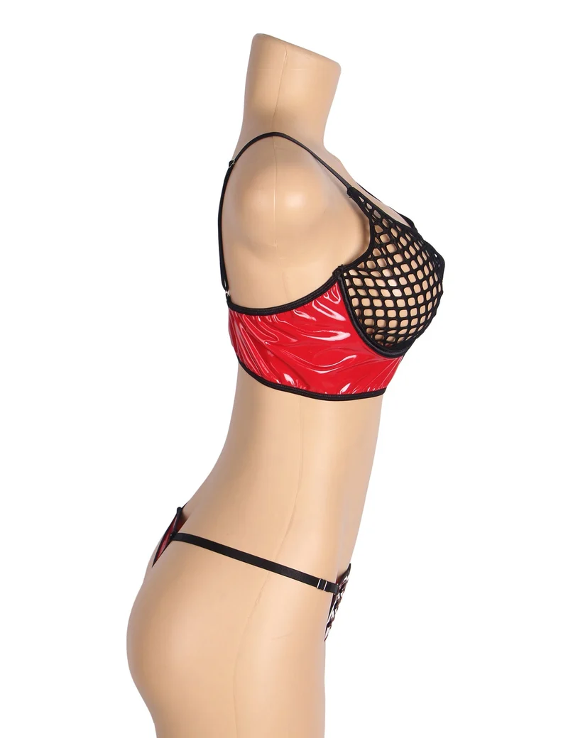 BH-Set aus rotem Lackleder und Mesh – mit Reißverschluss und Metallring-Details