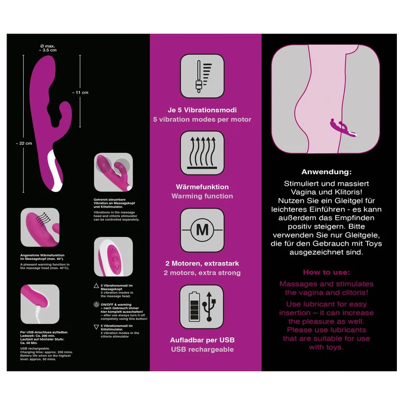 Rabbit-Vibrator mit Wärme-Funktion 22cm, Javida Heating