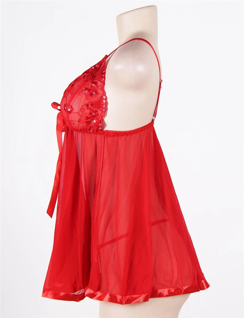 Rotes Pailletten-besticktes Mesh-Babydoll- und String-Set