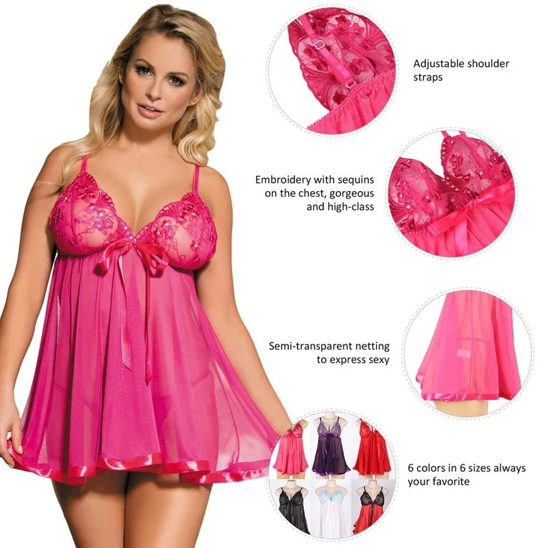 Babydoll- und String-Set aus rosafarbenem Pailletten-Mesh mit Stickerei