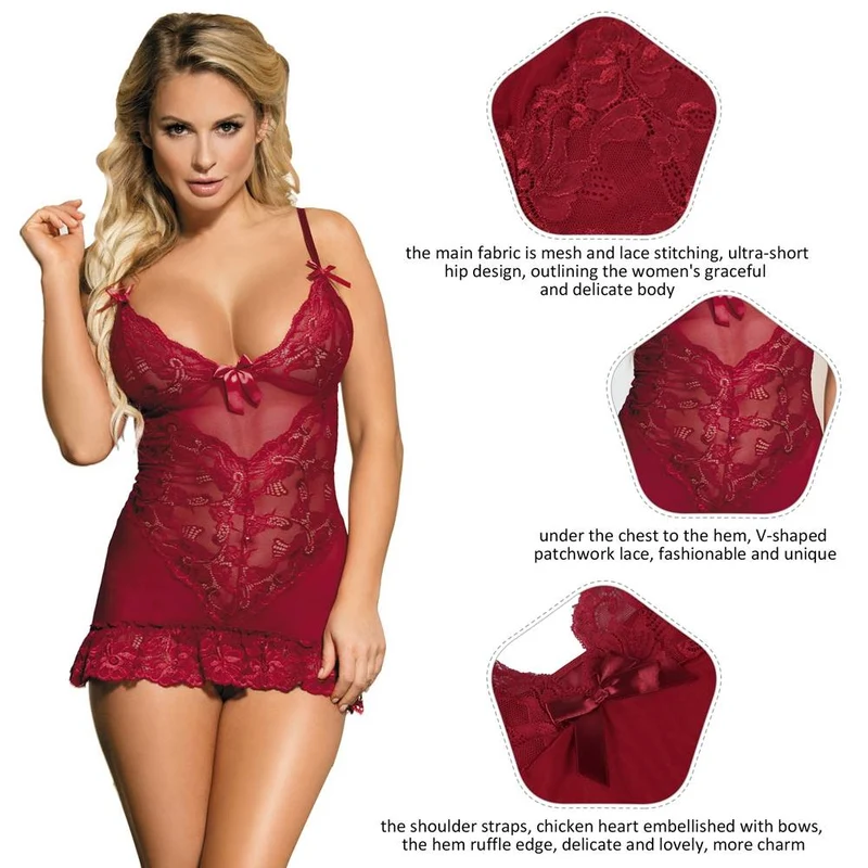 Weinrotes Babydoll- und String-Set aus Spitze und Mesh mit V-Ausschnitt