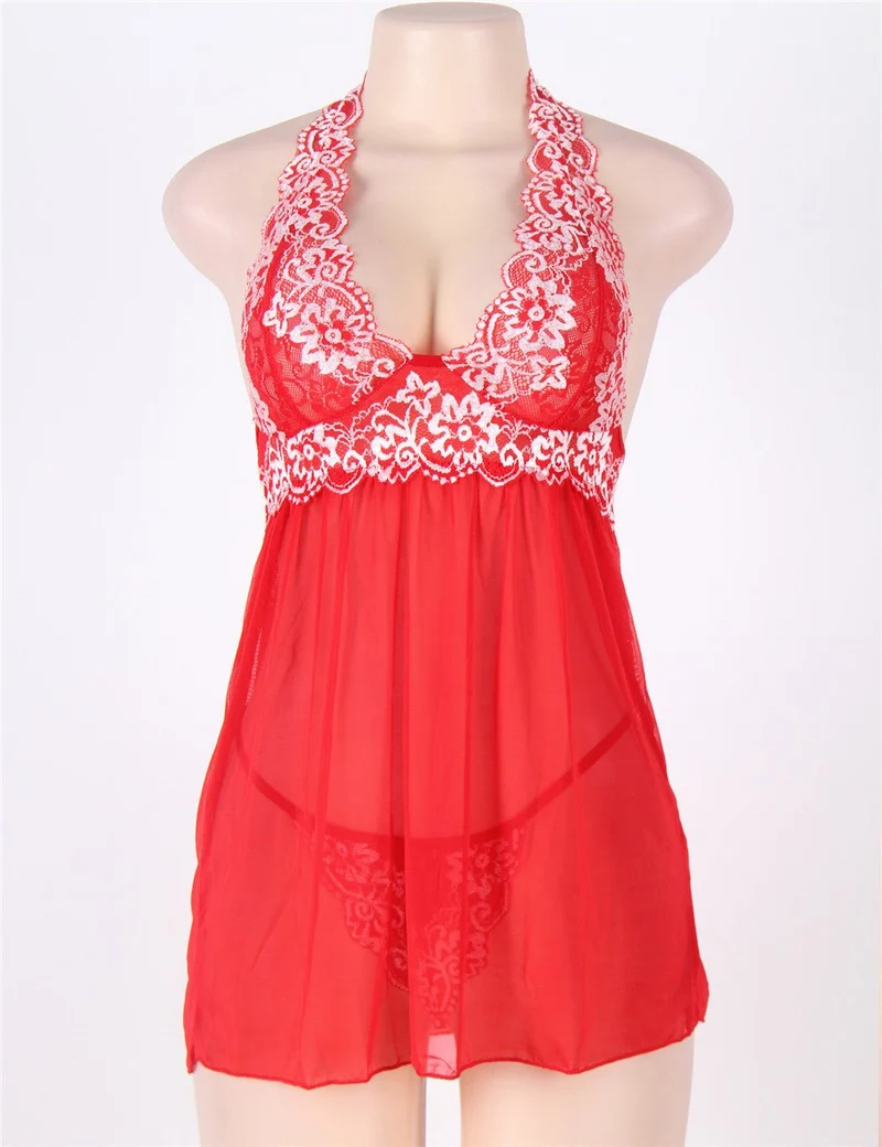 Rotes, zweifarbiges Babydoll- und String-Set aus Neckholder-Mesh mit Spitzenbesatz.