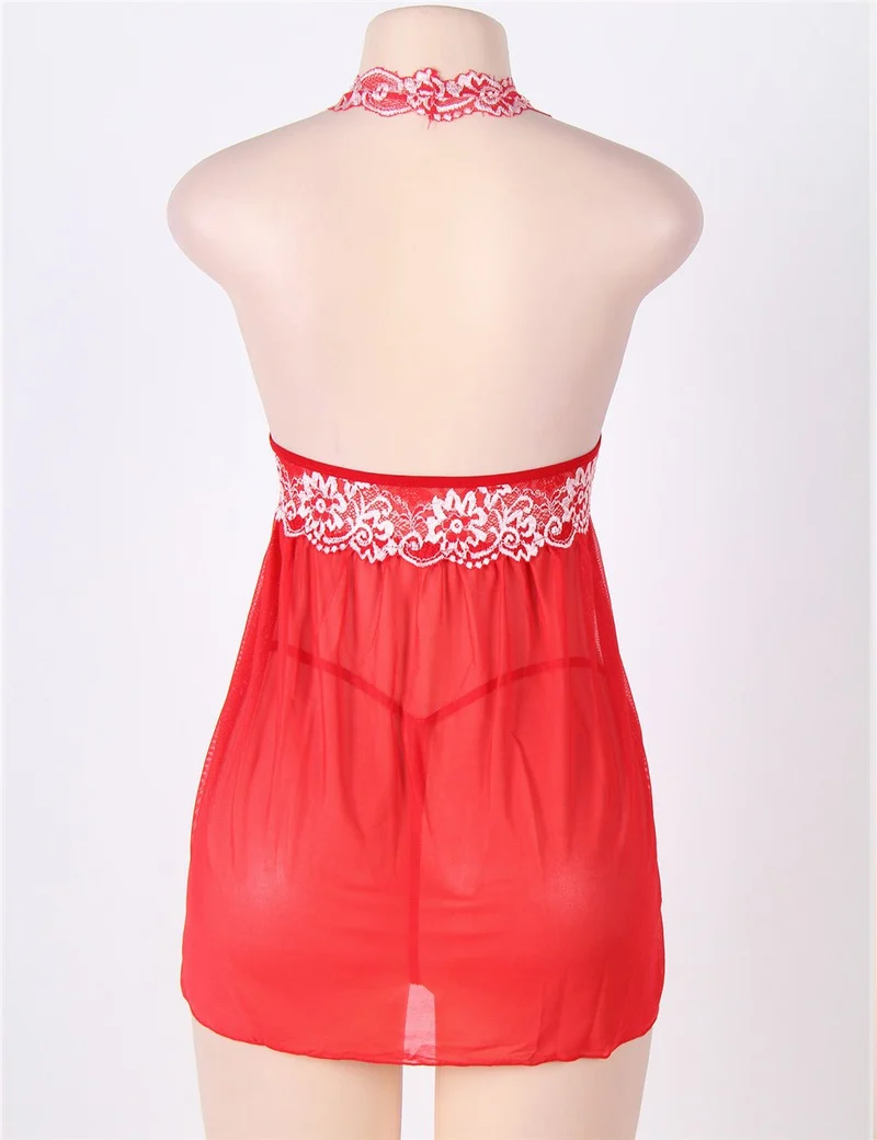 Rotes, zweifarbiges Babydoll- und String-Set aus Neckholder-Mesh mit Spitzenbesatz.