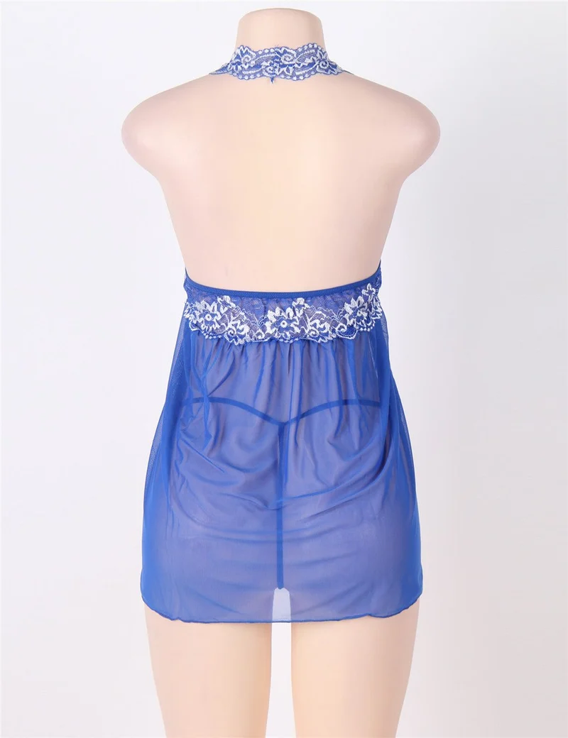 Set aus blauem, zweifarbigem Babydoll und String mit Spitzenbesatz und Neckholder aus Mesh.