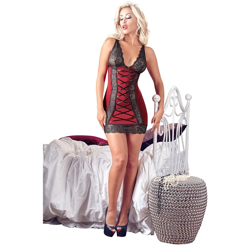 Dessous Kleid Rot S-XL Cups aus schwarzer Spitze "Bea"