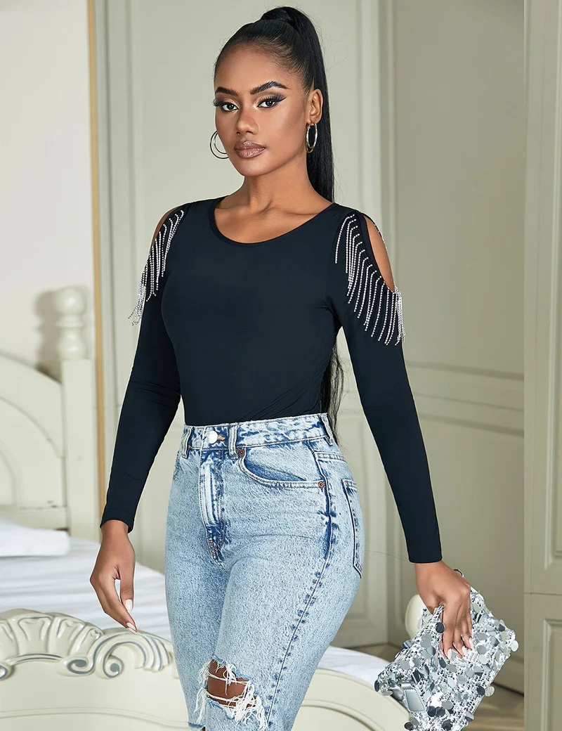 Schwarzer Langarmbody – Hohlärmel mit Strassbesatz und gebürstetem Nylon