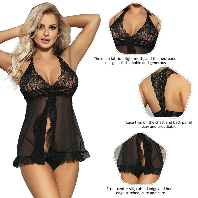 Schwarzes Babydoll- und String-Set aus Mesh mit Rüschen, Schlitz und Spitzenrücken, Neckholder und Mesh-Einsätzen