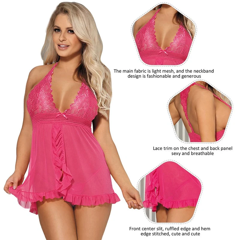 Rosa Babydoll- und String-Set aus Mesh mit Rüschen, Schlitz und Spitzenrücken, Neckholder.