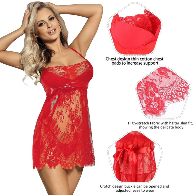 Rotes, mit Wimpernspitze gepolstertes Babydoll mit Schleifendetail, Taillengürtel und passendem String-Tanga-Set
