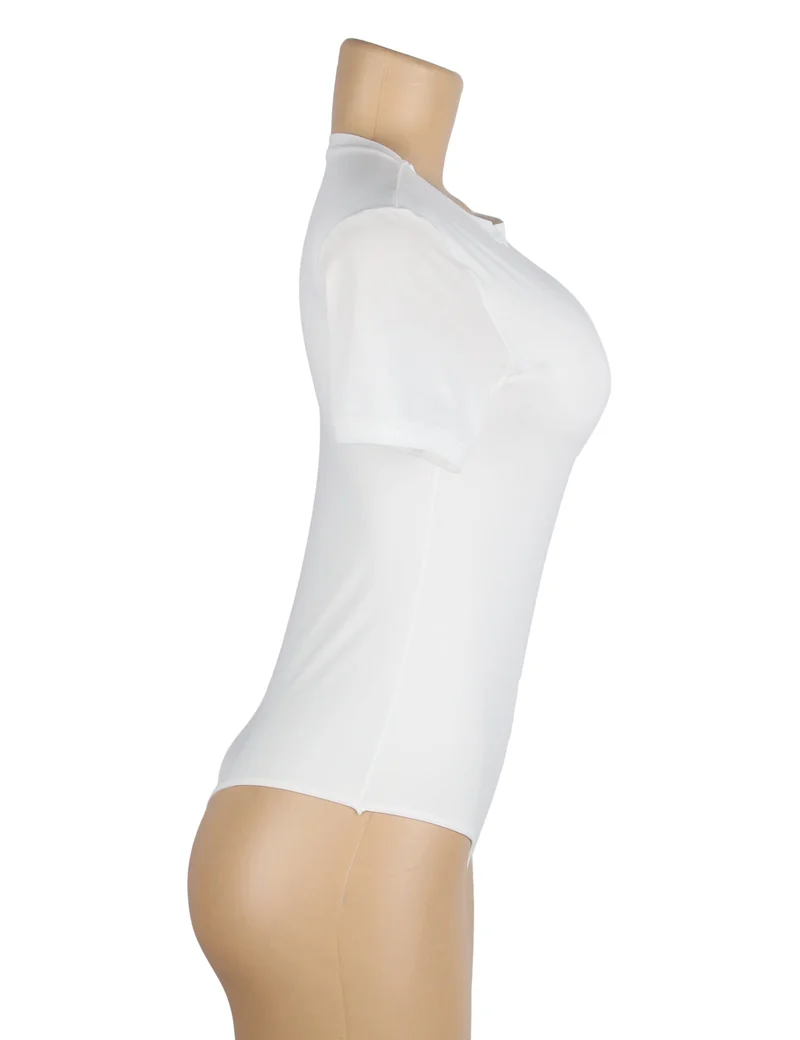 Weißer Kurzarm-Body – Gebürstetes Nylon, Rundhalsausschnitt & verstellbarer Schritt
