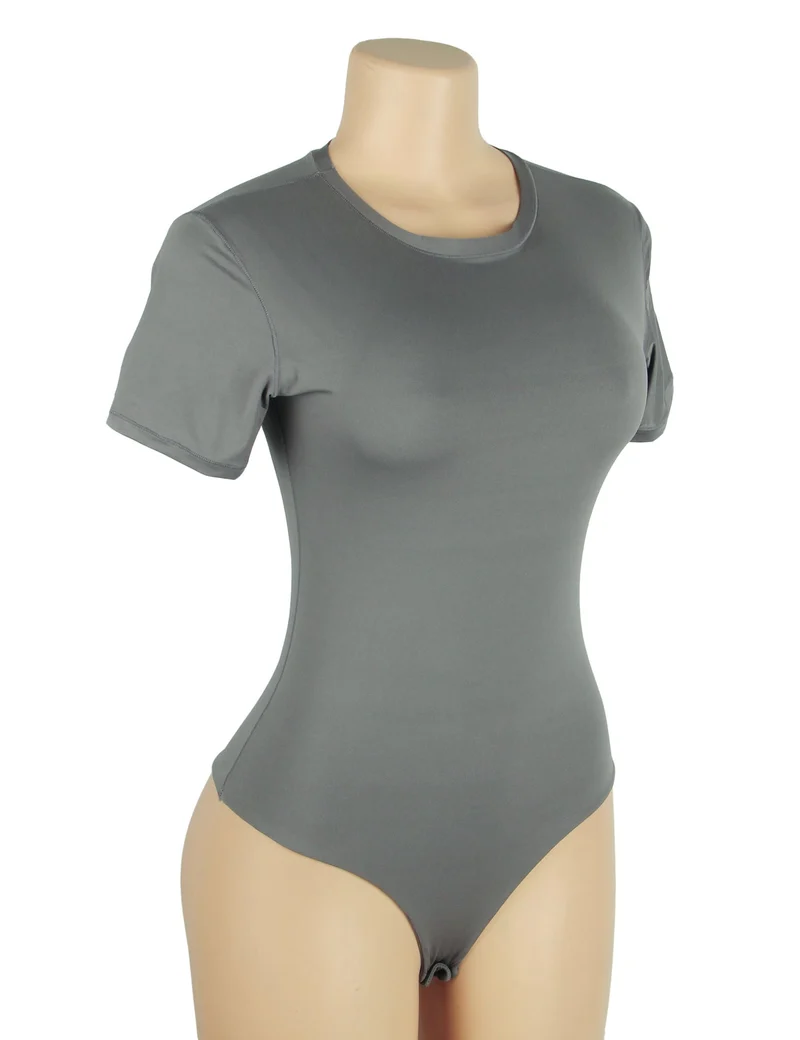 Grauer Kurzarm-Body – Gebürstetes Nylon, Rundhalsausschnitt & verstellbarer Schritt