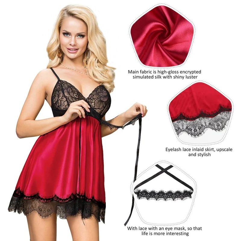 Rotes Nachthemd mit Satinfinish, Wimpernspitzensaum, G-String und Schlafmaske aus Spitze