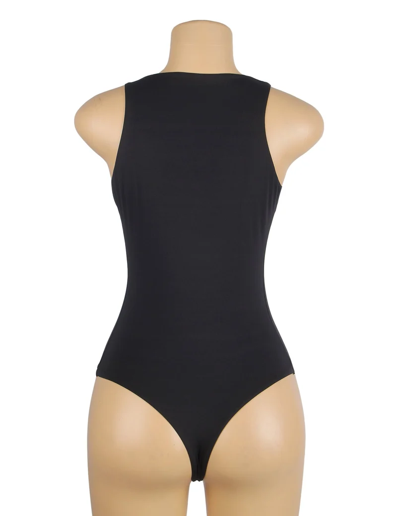 Schwarzer ärmelloser Body – Gebürstetes Nylon, Rundhalsausschnitt & Druckknopf im Schritt