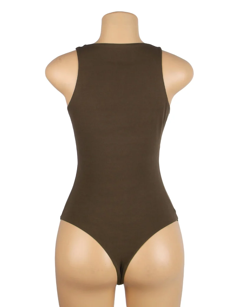 Brauner ärmelloser Body – Gebürstetes Nylon, Rundhalsausschnitt & Druckknopf im Schritt