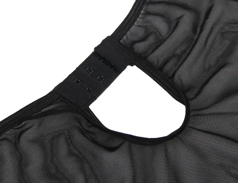 Schwarzes, bügelbesetztes Babydoll aus Mesh mit vorderem Spitzeneinsatz, Wimpernspitzensaum und Hakenverschluss