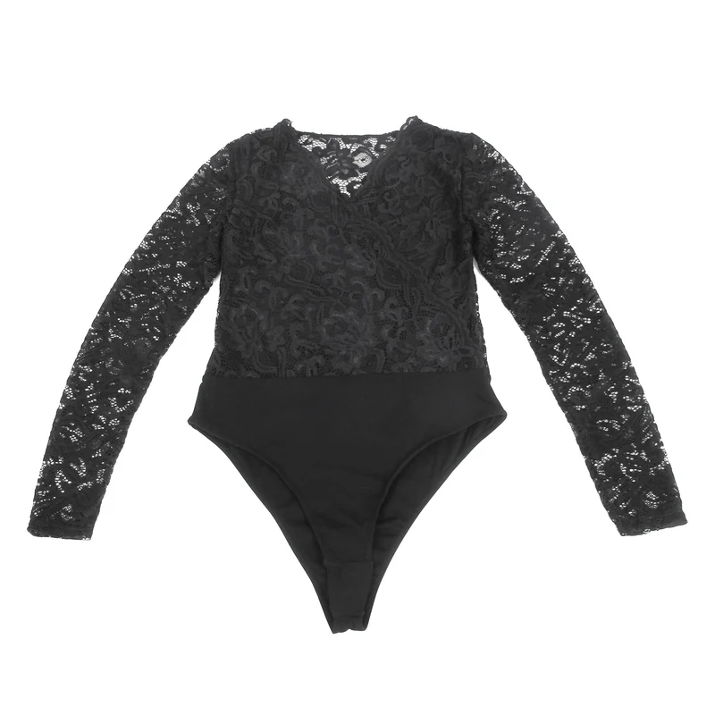 Schwarzer Body aus Spitze und Nylon mit V-Ausschnitt und Druckknöpfen im Schritt