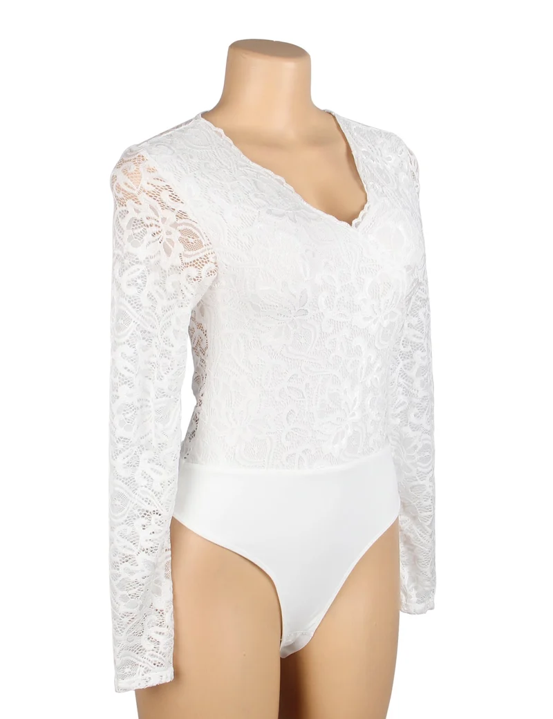Weißer Body aus Spitze und Nylon mit V-Ausschnitt und Druckknöpfen im Schritt