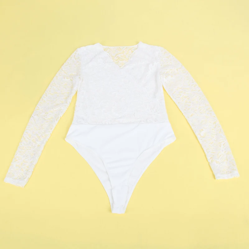Weißer Body aus Spitze und Nylon mit V-Ausschnitt und Druckknöpfen im Schritt