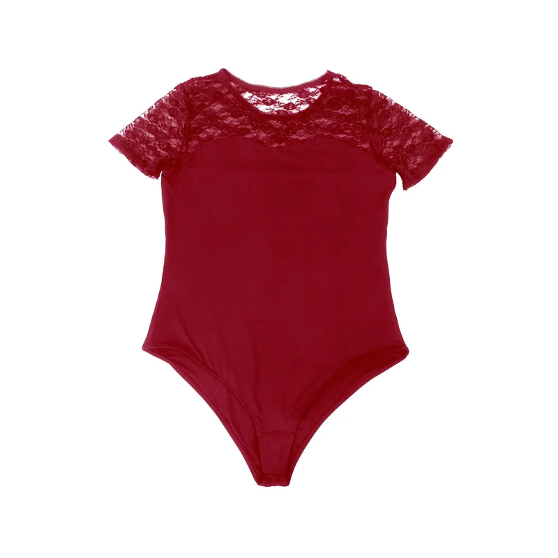 Roter Body mit Spitzeneinsatz, kurzen Ärmeln, Rundhalsausschnitt und Druckknöpfen im Schritt