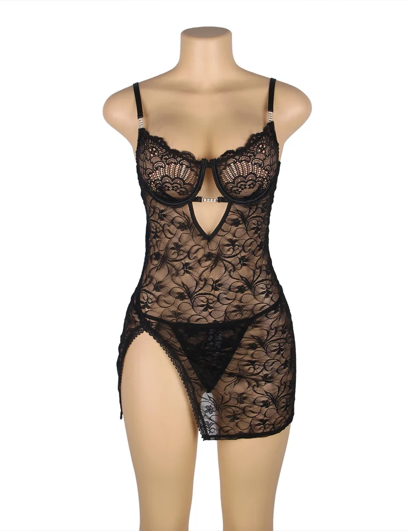 Schwarzes Babydoll aus Spitze mit Bügeln, herzförmigem Spitzen-Seitenschlitz und verstellbarem Rückenverschluss