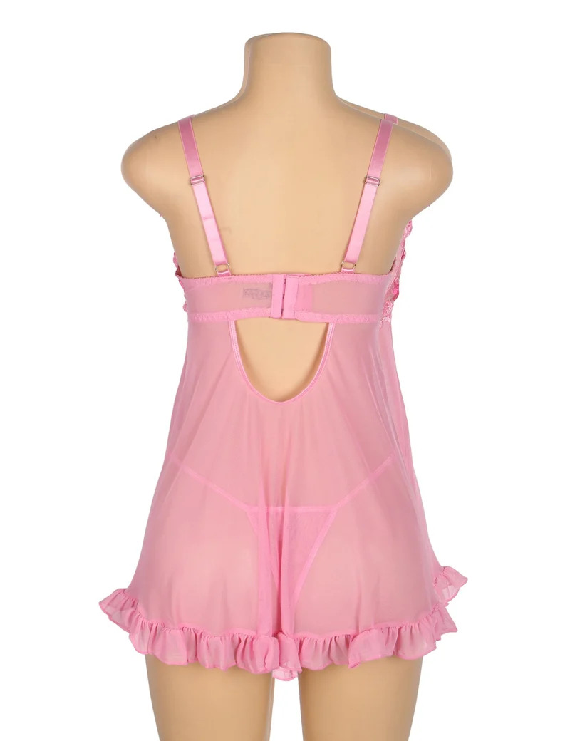 Rosa Babydoll aus Netzstoff mit 3D-Blumenstickerei, Schleifenverzierung, Rüschensaum, formgebendem Oberteil und passendem Höschen.