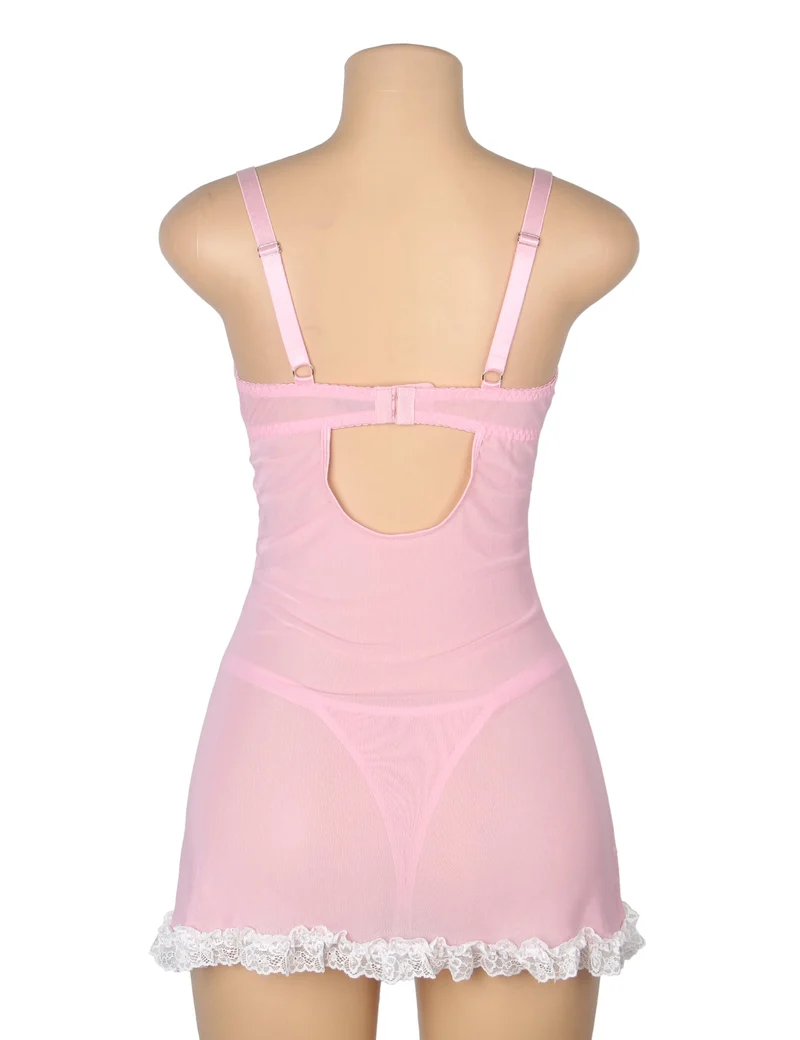 Rosa Babydoll aus Spitze mit Rüschensaum, Bügel-BH, hohlem Rückenausschnitt und Schleife sowie passendem Spitzen-T-Shirt (Set)